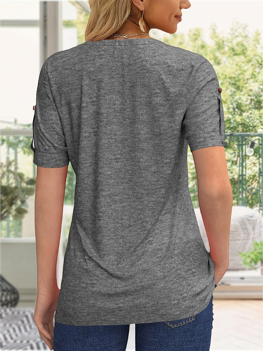 Button Front V-Neck Top Women Pleated Detail Short Sleeve Solid Color Casual Summer Blouse Lightweight Breathable Machine Washable