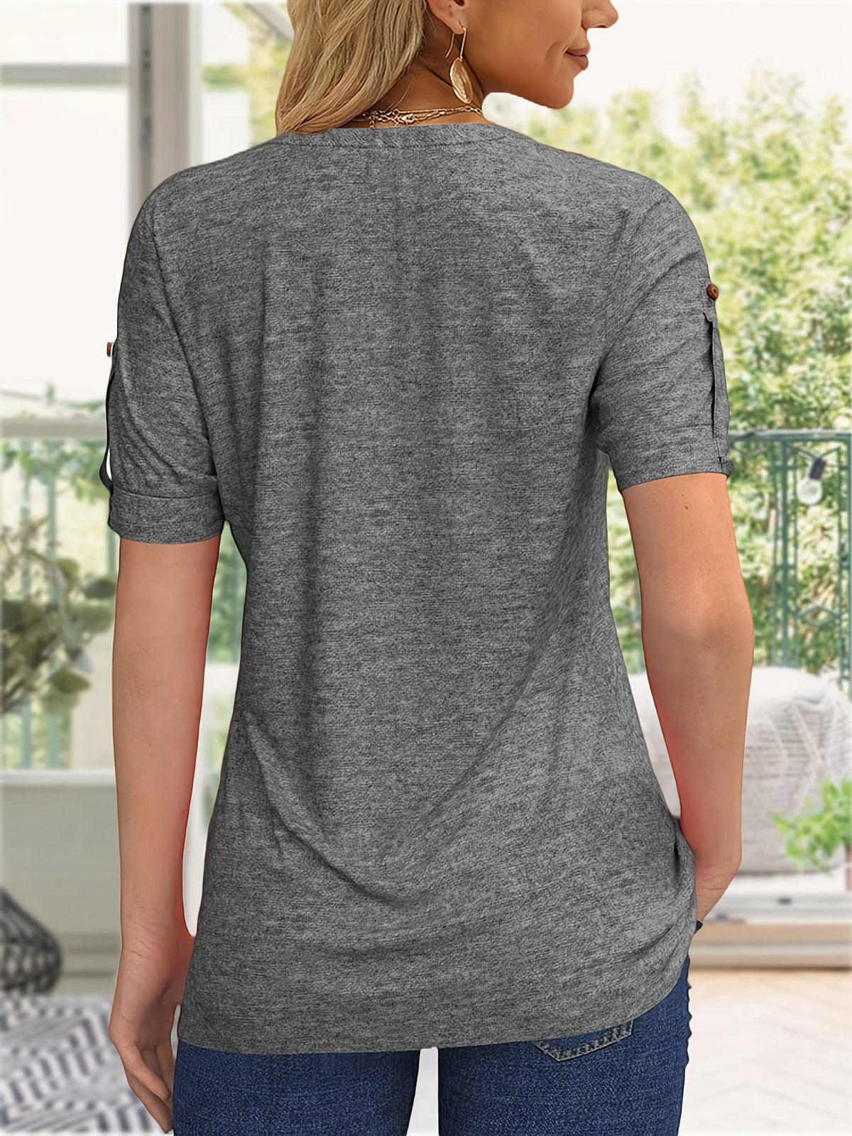 Button Front V-Neck Top Women Pleated Detail Short Sleeve Solid Color Casual Summer Blouse Lightweight Breathable Machine Washable