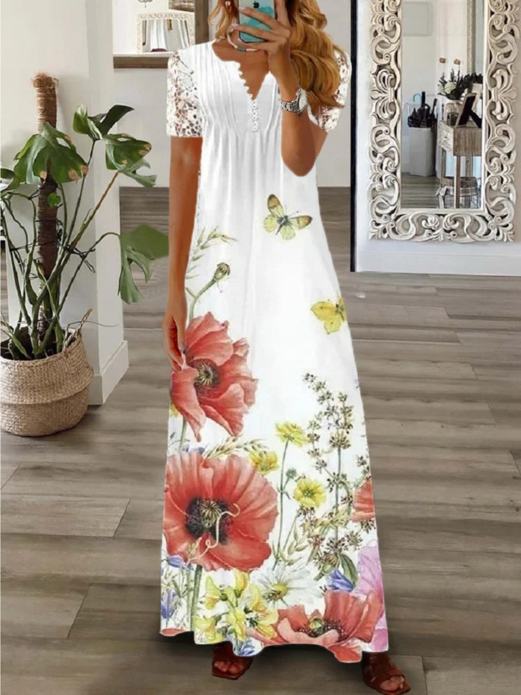 Women's Bohemian White Lace Long Dress V-Neck Long Sleeve High Waist A-Line Flowing Hem Romantic Date Beach Dress