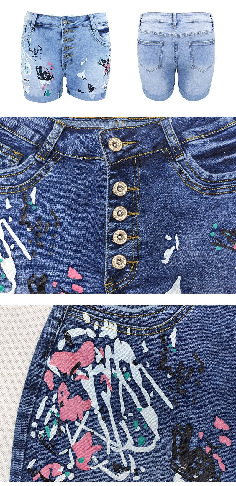 High Waist Slim Denim Shorts Women Button Fly Stretch Casual Summer Dark Blue Grey Light Blue S M L XL