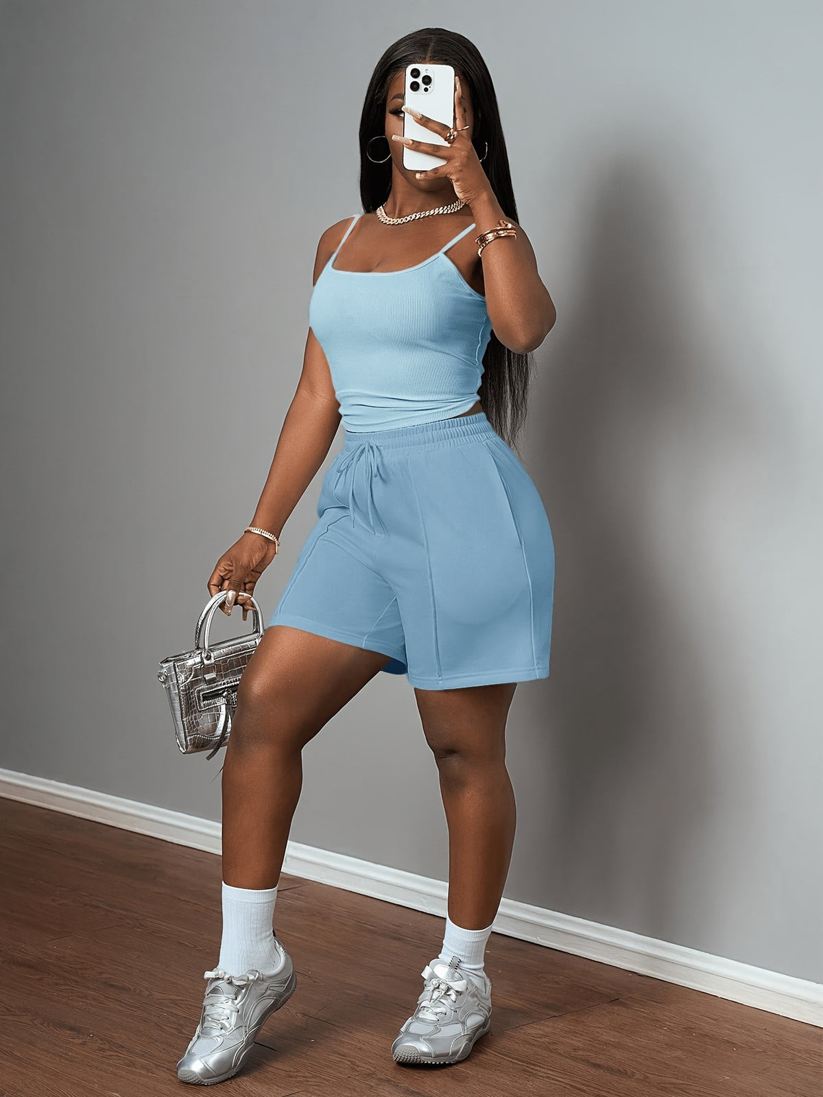 Cami Tank Top Sweat Shorts 2 Piece Set Women Slim Athletic Lounge Outfit Pockets Drawstring Athleisure Daily Wear S-XXL