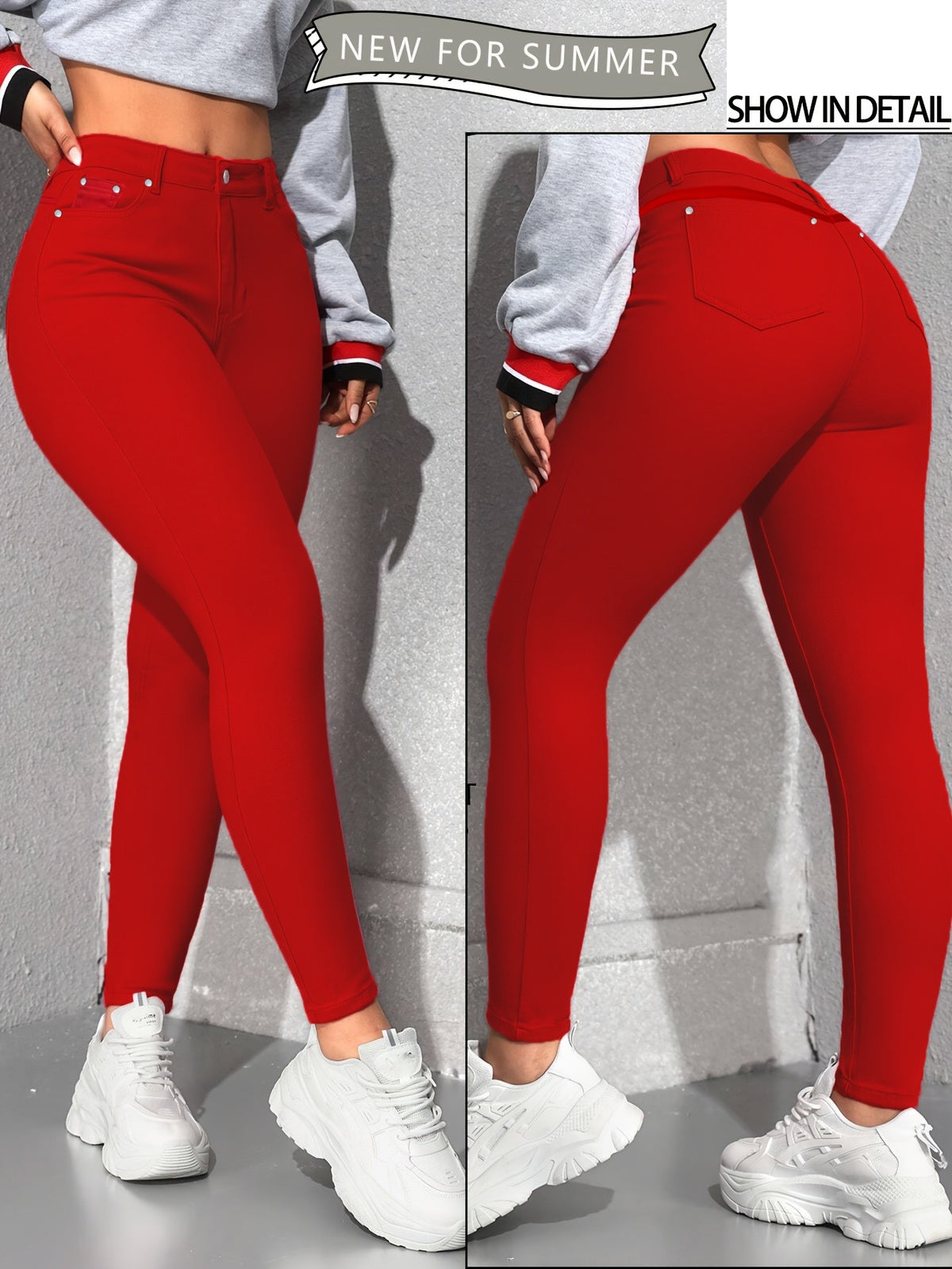 Red High Waisted Skinny Jeans for Women – Rivet Detail Stretch Denim, Tummy Control Booty Lifting Slim Fit, Sizes S-XXL