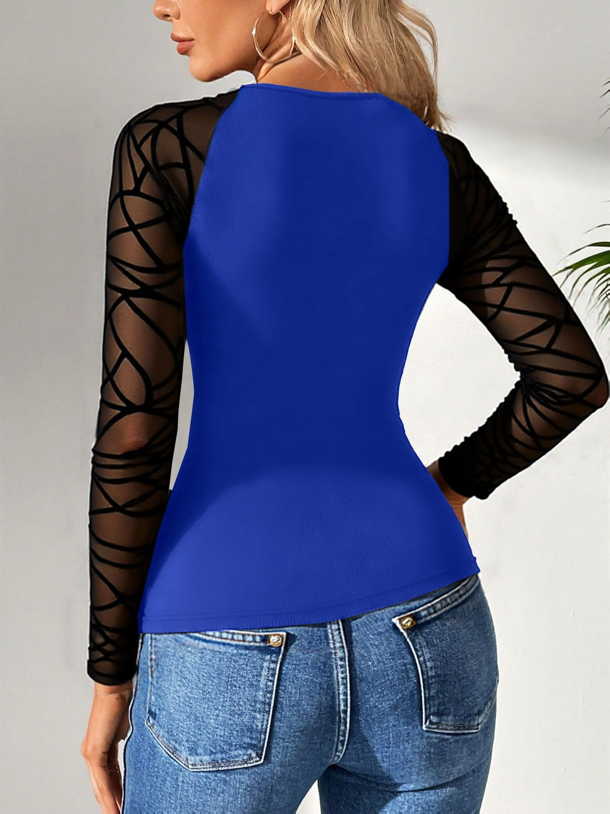 Mesh Panel Long Sleeve Slim Fit Top for Women Stretchy Contrast Mesh Round Neck Casual Spring Fall Office Party Viscose Blend Blouse
