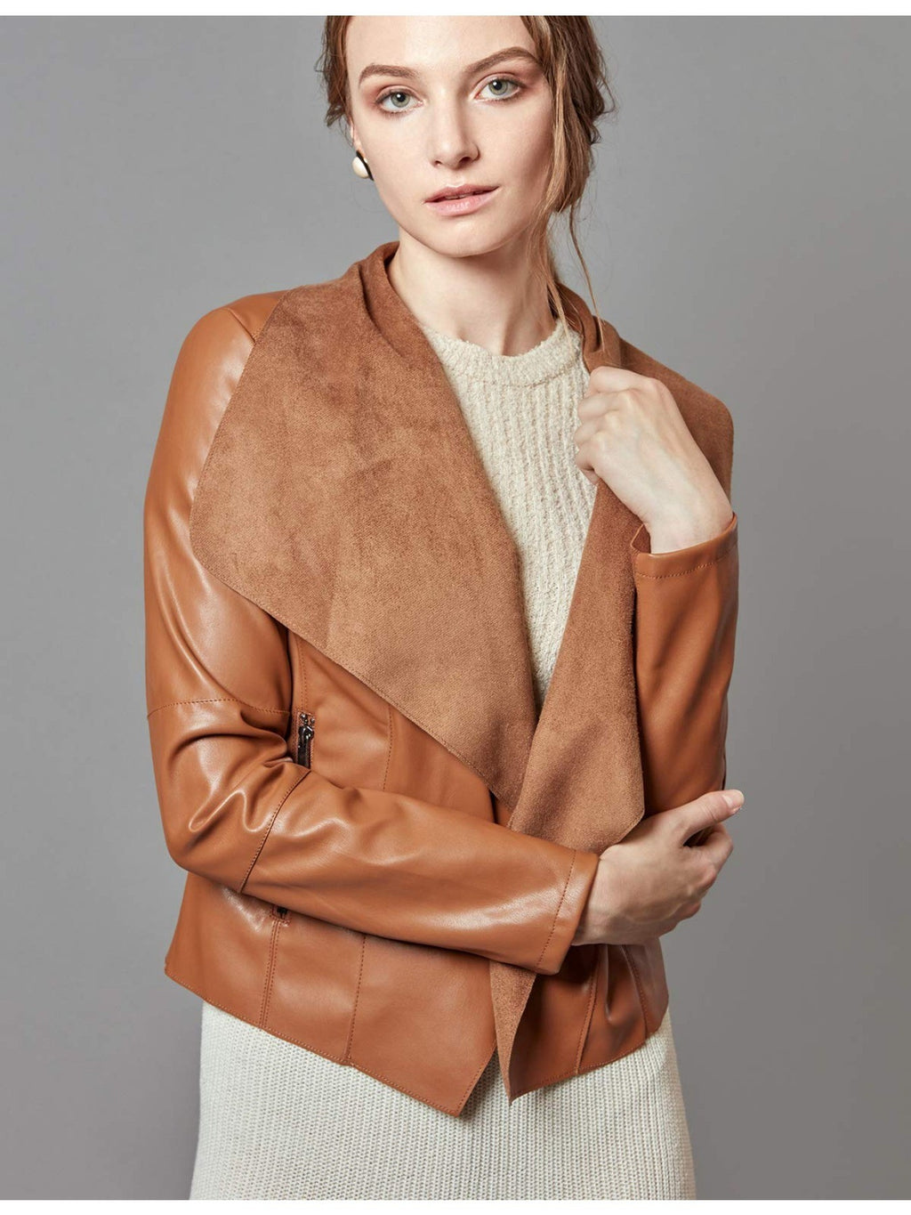 Slim Fit Faux Leather Blazer Women Open Front Lapel Jacket Coat Light Blue Chocolate Khaki Black Olive Green S-XL