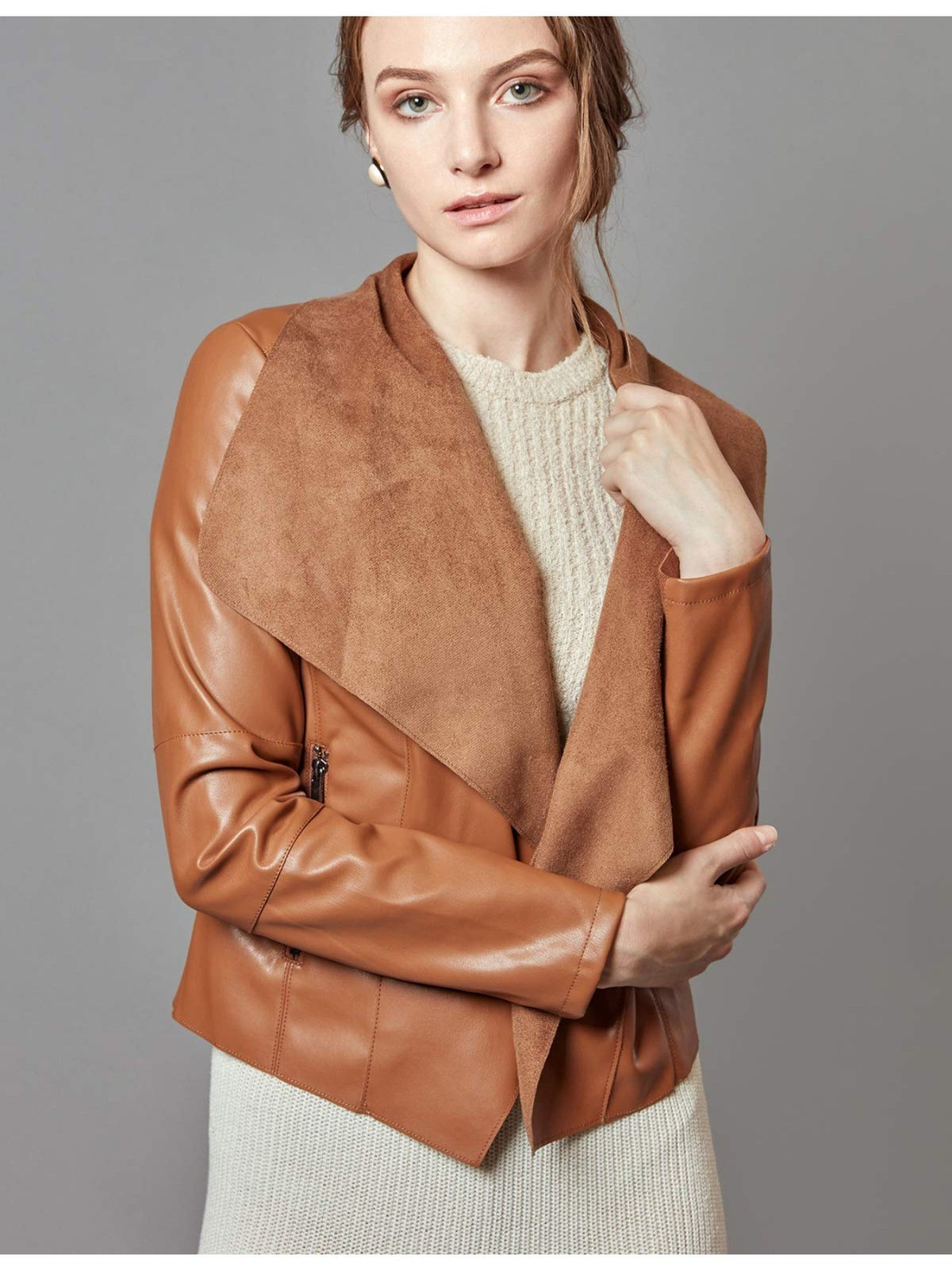 Slim Fit Faux Leather Blazer Women Open Front Lapel Jacket Coat Light Blue Chocolate Khaki Black Olive Green S-XL