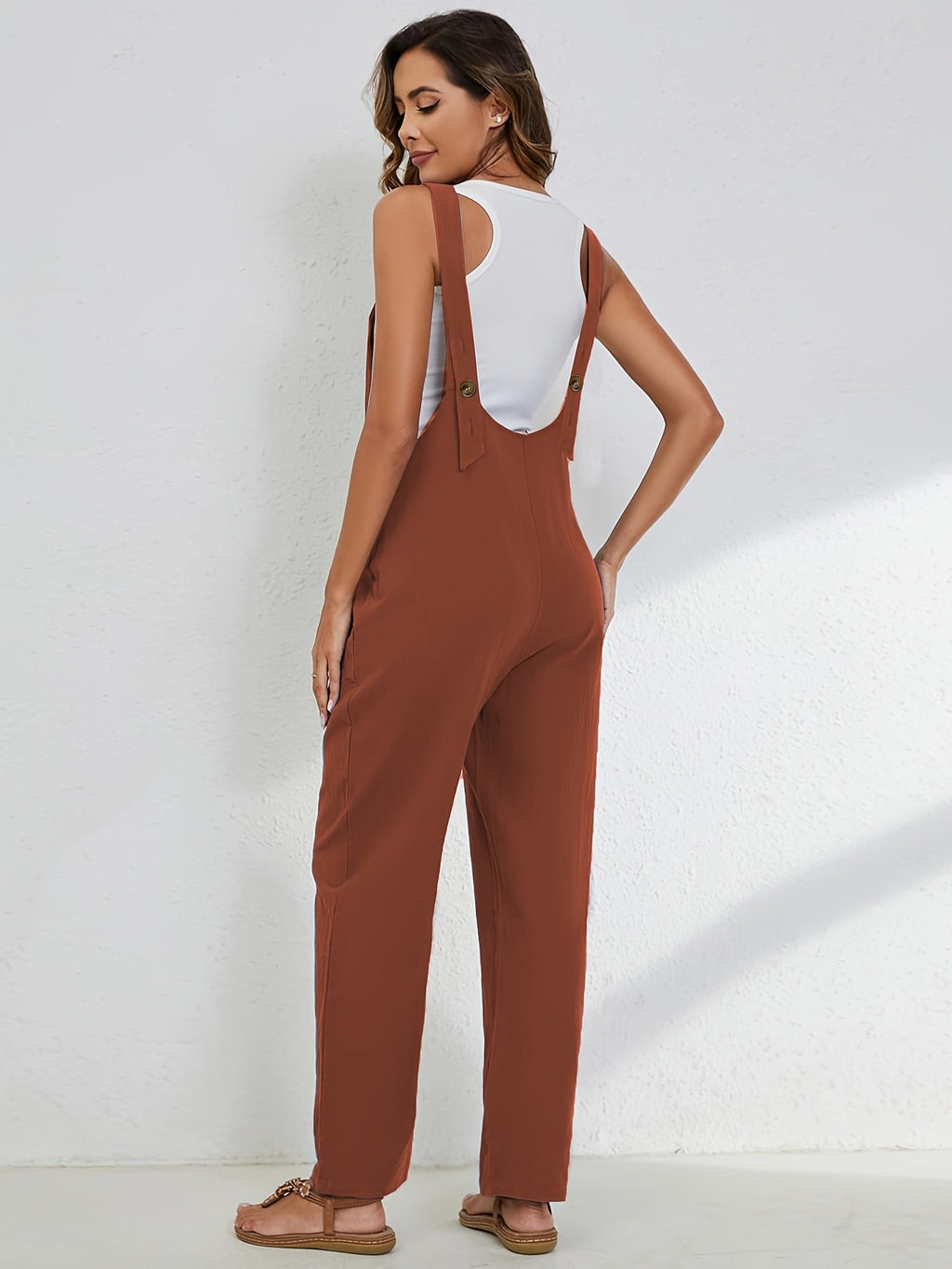 Linen Jumpsuit Women Wide Leg Casual Loose Overalls with Pockets Sleeveless Adjustable Strap Summer Palazzo Pants Romper Beige Black XS-XXL