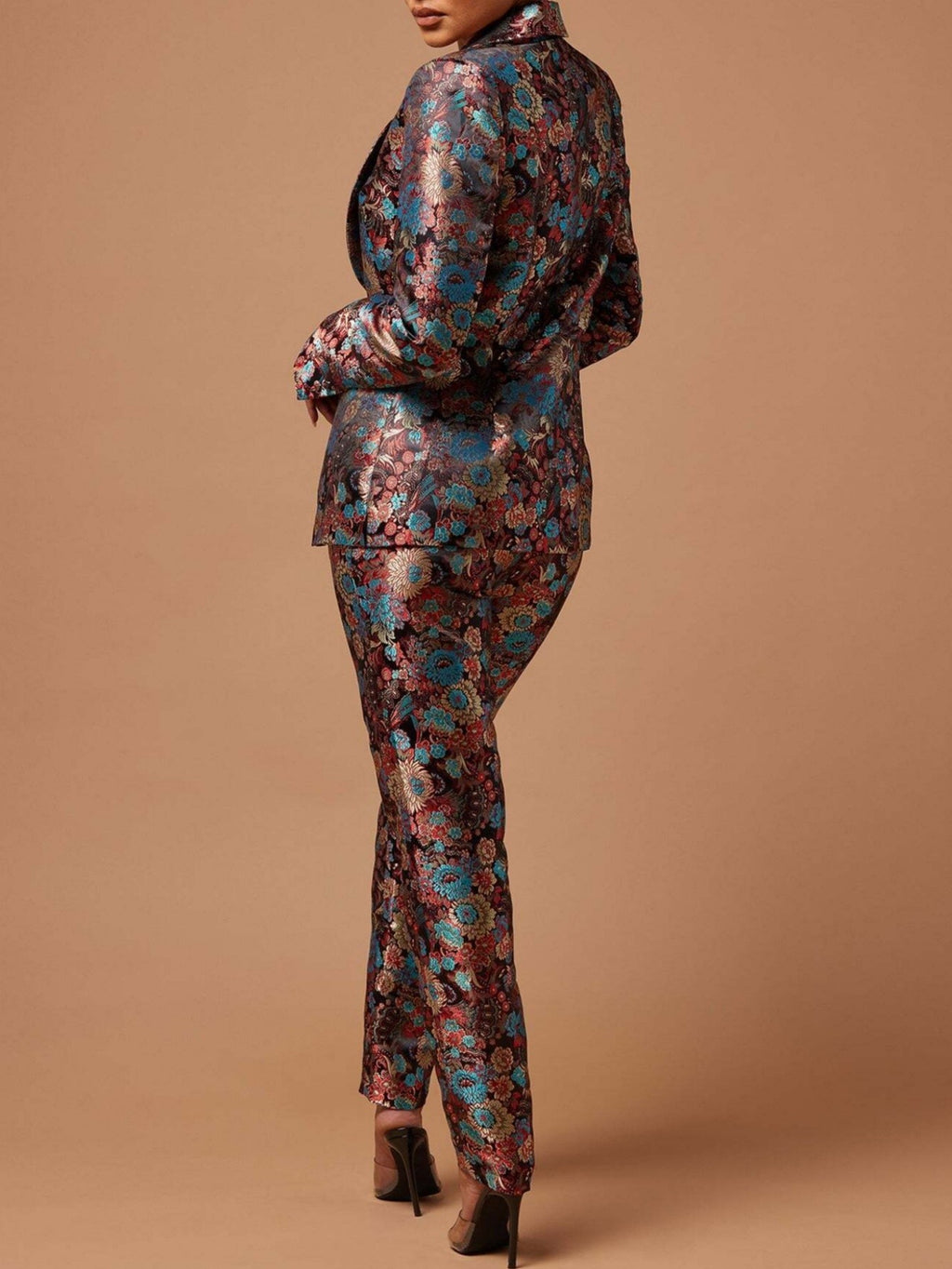 Floral Jacquard Suit Set Women Long Sleeve Satin Blazer and Straight Leg Pants V-Neck Pocket Formal Wedding Guest Red Carpet Outfit Rose Red Brown S-XXL