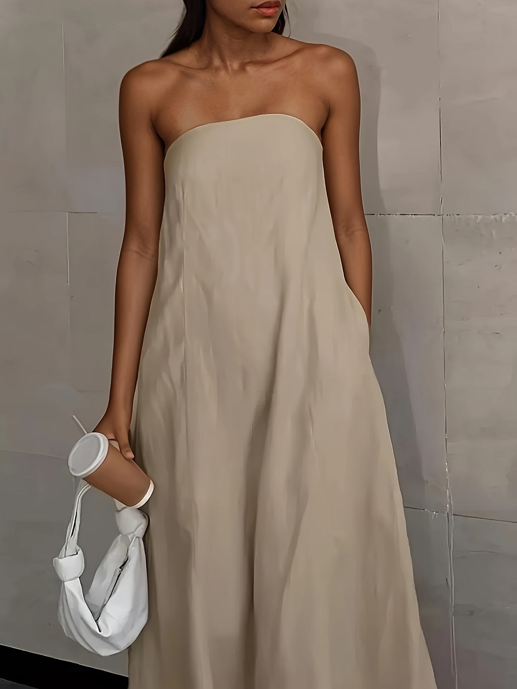 Linen Strapless Backless Long Dress for Women High Waist Patchwork Pocket Solid Color Lightweight Casual Vacation Maxi Dress Spring Summer