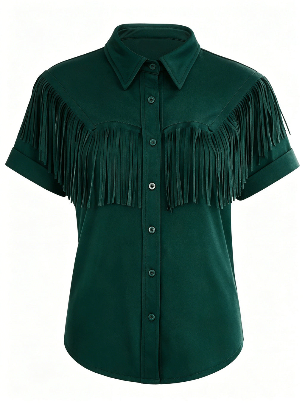 Western Fringe Lapel Button Blouse for Women | Vintage Short Sleeve Solid Top | Minimalist Elegant Women's Shirt | Boho Country Style Women's Blouse
