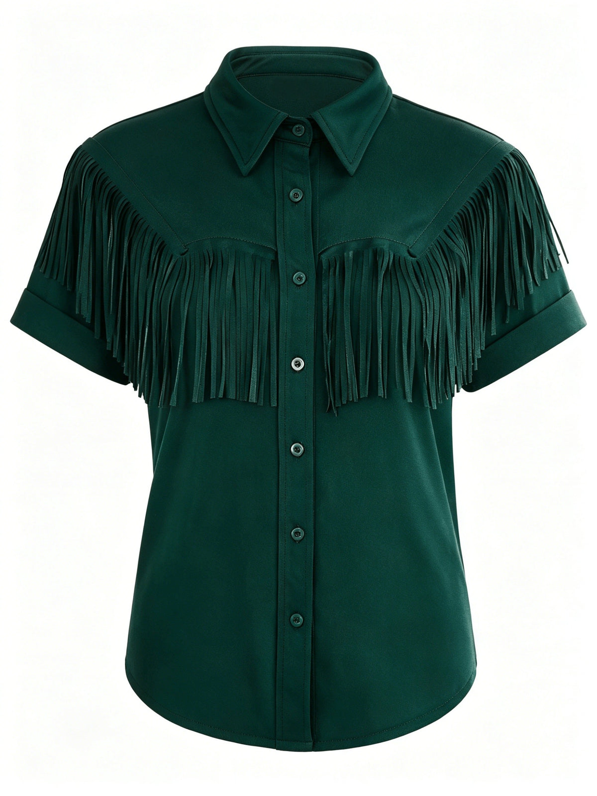 Western Fringe Lapel Button Blouse for Women | Vintage Short Sleeve Solid Top | Minimalist Elegant Women's Shirt | Boho Country Style Women's Blouse