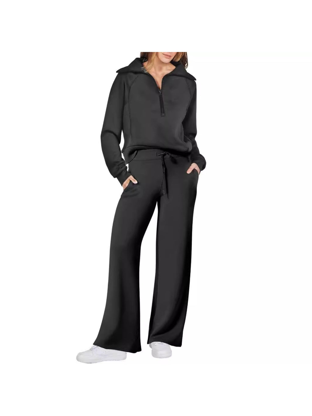 Zipper Sweatshirt Wide-Leg Pants 2 Piece Set Women Casual Tracksuit Outfit for Spring Fall - Loose Fit Jogger Co-ord Set