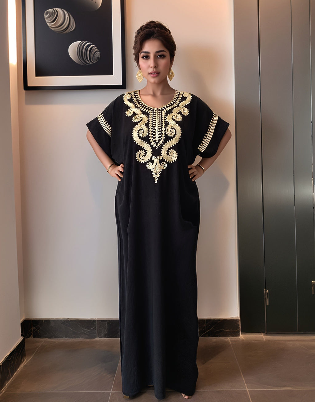 Women's Kaftan Dress Muslim Short Sleeve Round Neck Modest Robe for Hajj Eid Wedding Everyday Wear Year-Round Comfortable Cultural Dress for Women