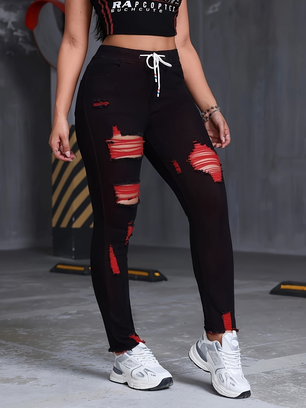 Black Red Distressed Skinny Jeans Women Drawstring Elastic Waist Stretch Ripped Denim S-XXL