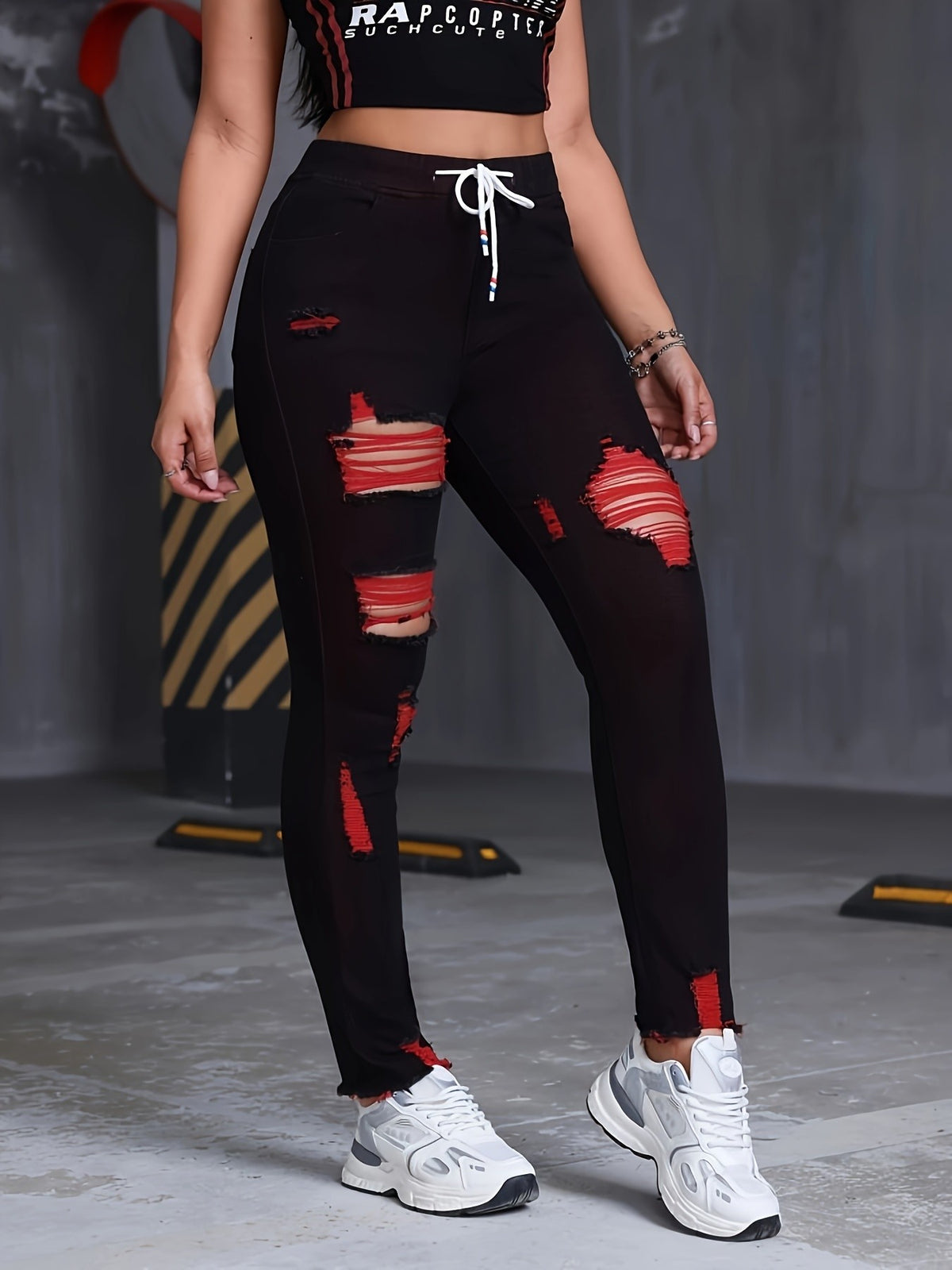 Black Red Distressed Skinny Jeans Women Drawstring Elastic Waist Stretch Ripped Denim S-XXL