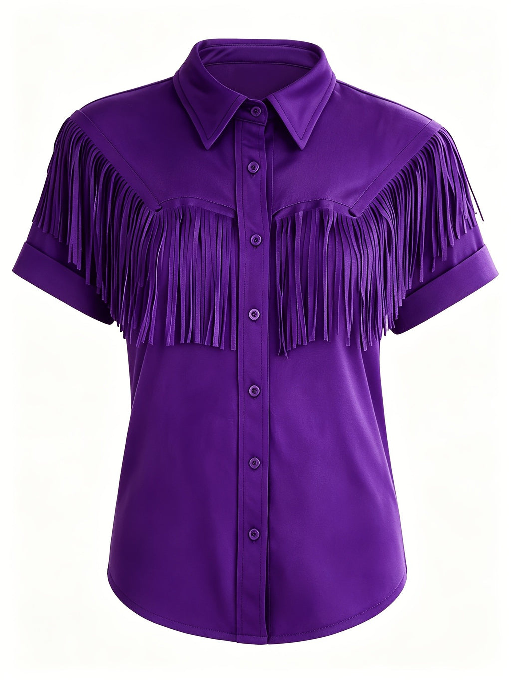 Western Fringe Lapel Button Blouse for Women | Vintage Short Sleeve Solid Top | Minimalist Elegant Women's Shirt | Boho Country Style Women's Blouse