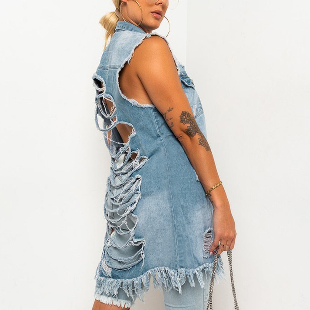 Sleeveless Long Denim Vest Jacket Women Button Closure Lapel Collar Midi Length Raw Hem Street Style Fall Winter Blue Black White S-XXL