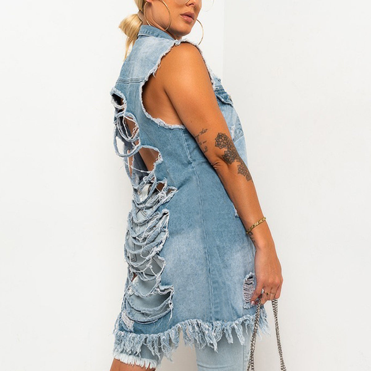 Sleeveless Long Denim Vest Jacket Women Button Closure Lapel Collar Midi Length Raw Hem Street Style Fall Winter Blue Black White S-XXL