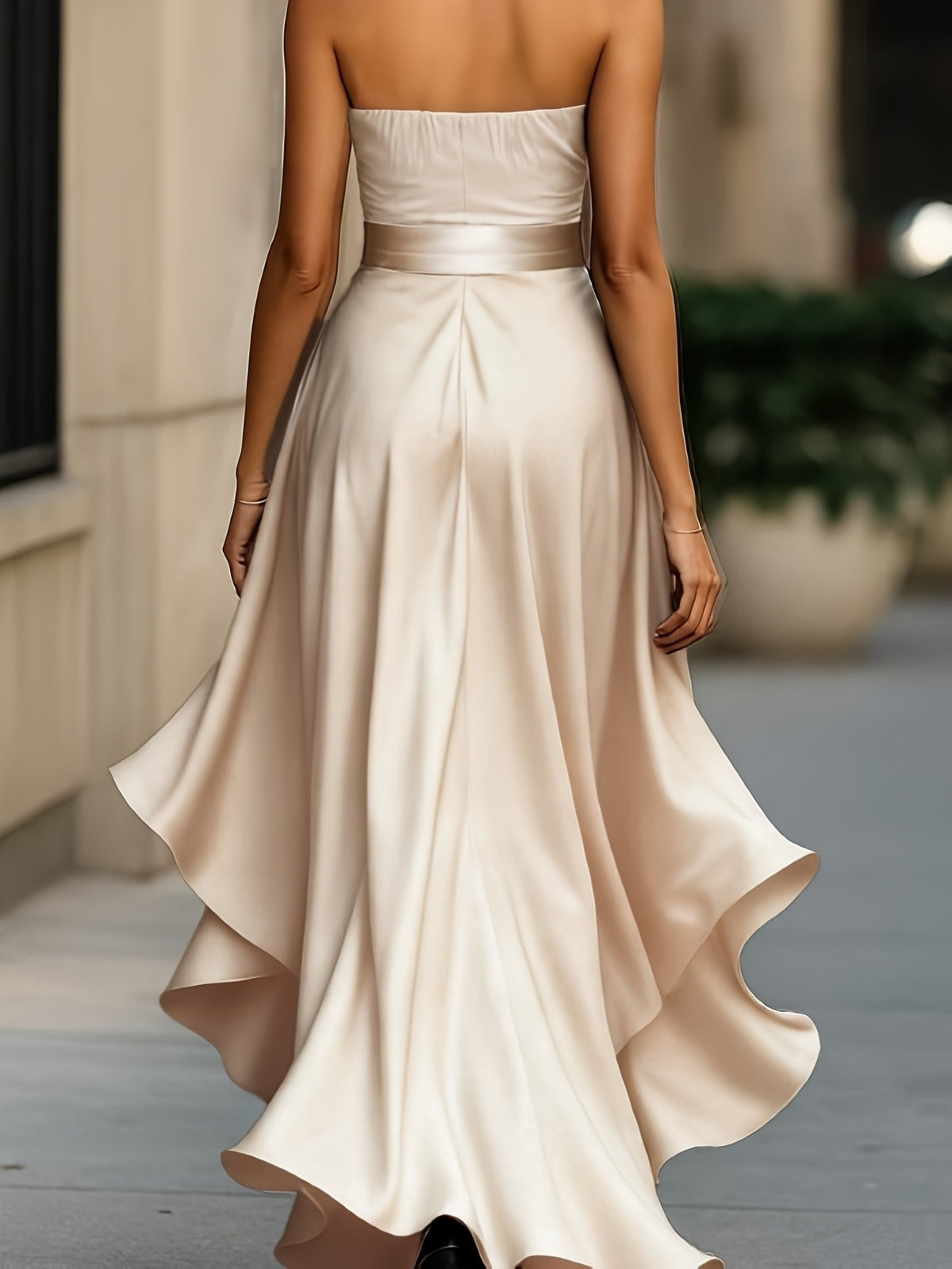 Satin Formal Dress Women V-Neck Sleeveless Ruched Waist Flared Hem Elegant Evening Gown Dark Blue Dinner Party Cocktail Dress 100% Polyester Smooth Fit