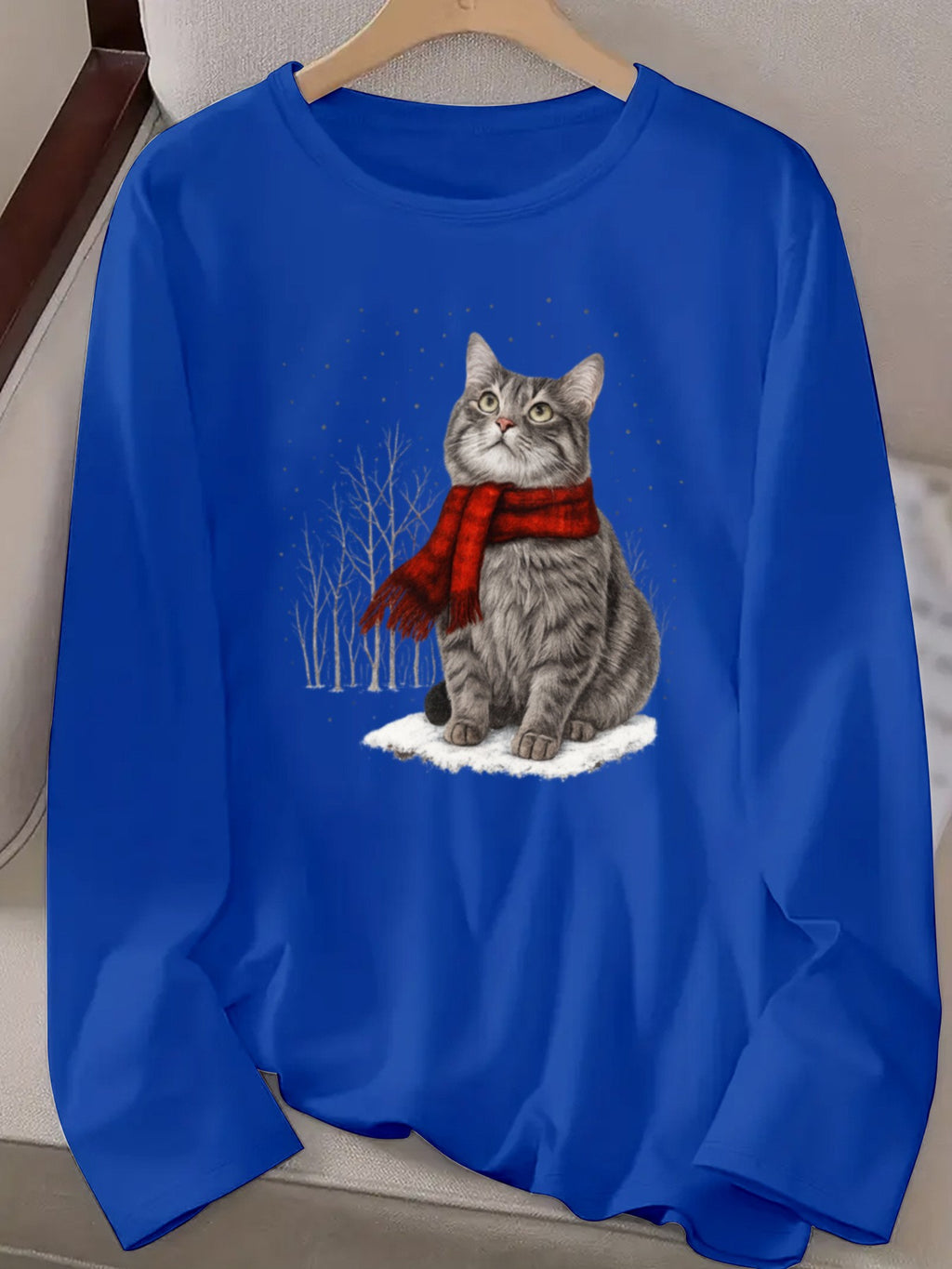 Christmas Cat Print Women Long Sleeve T-Shirt Crew Neck Casual Holiday Graphic Tee Soft Breathable Multi-Color Top Spring Fall