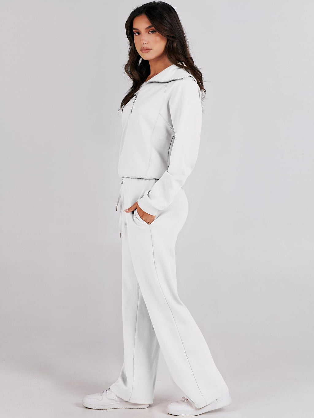 Zipper Sweatshirt Wide-Leg Pants 2 Piece Set Women Casual Tracksuit Outfit for Spring Fall - Loose Fit Jogger Co-ord Set