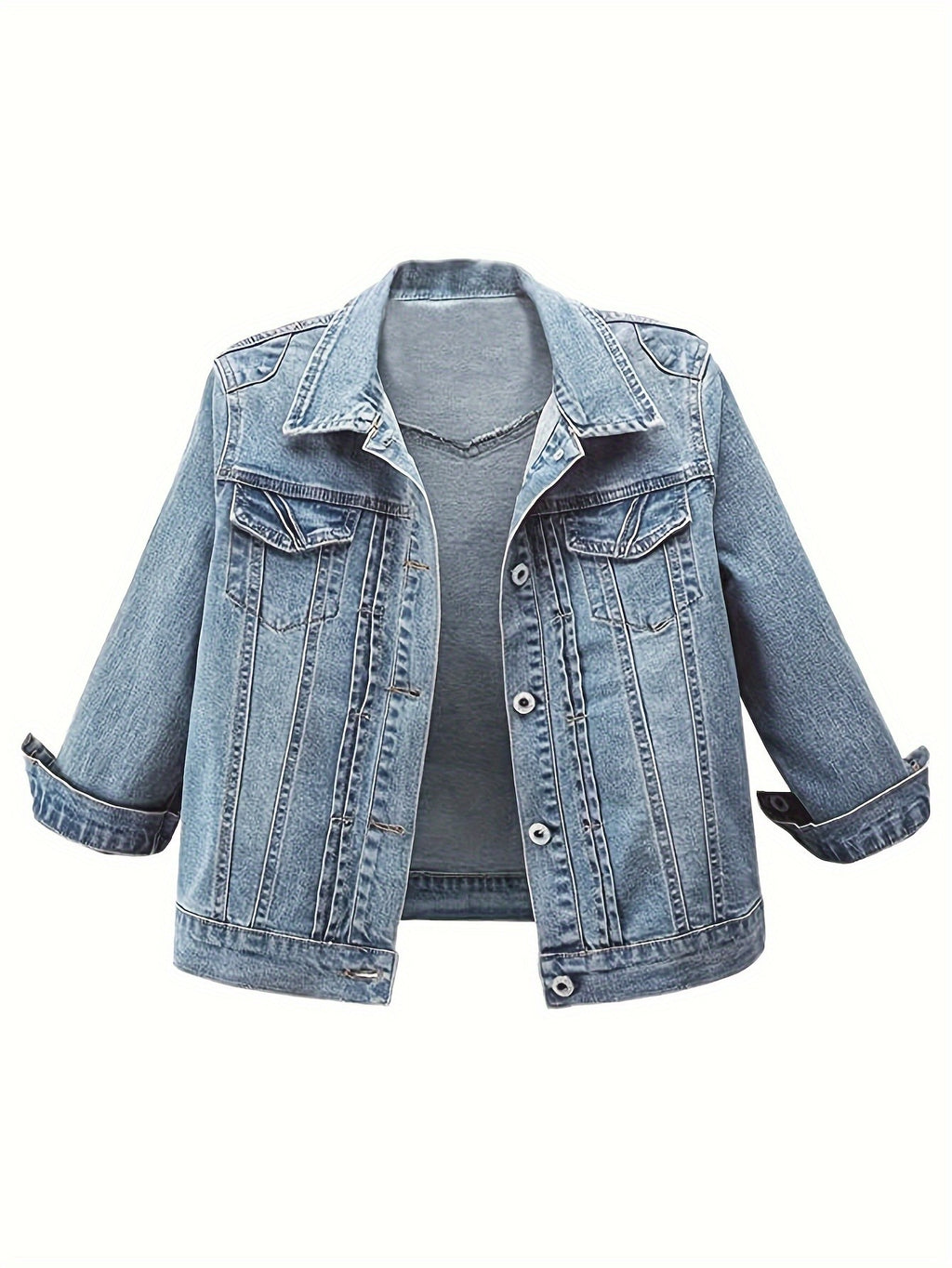 Vintage Wash Cropped Denim Jacket Women Slim Fit Button-Up Casual Spring Fall Layering Dark Blue Medium Blue S-XXL