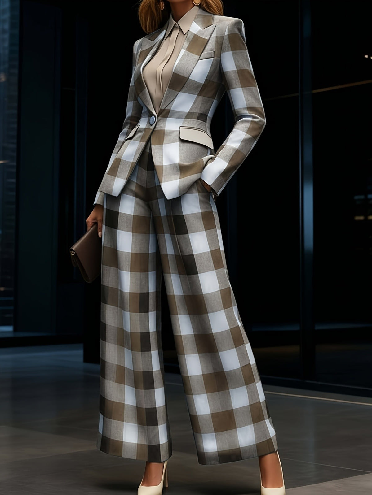 Women's 2pcs Plaid Wide Leg Pants Suit Waist Cinched Slim Fit Professional Blazer Set Workplace Business Casual Outfit