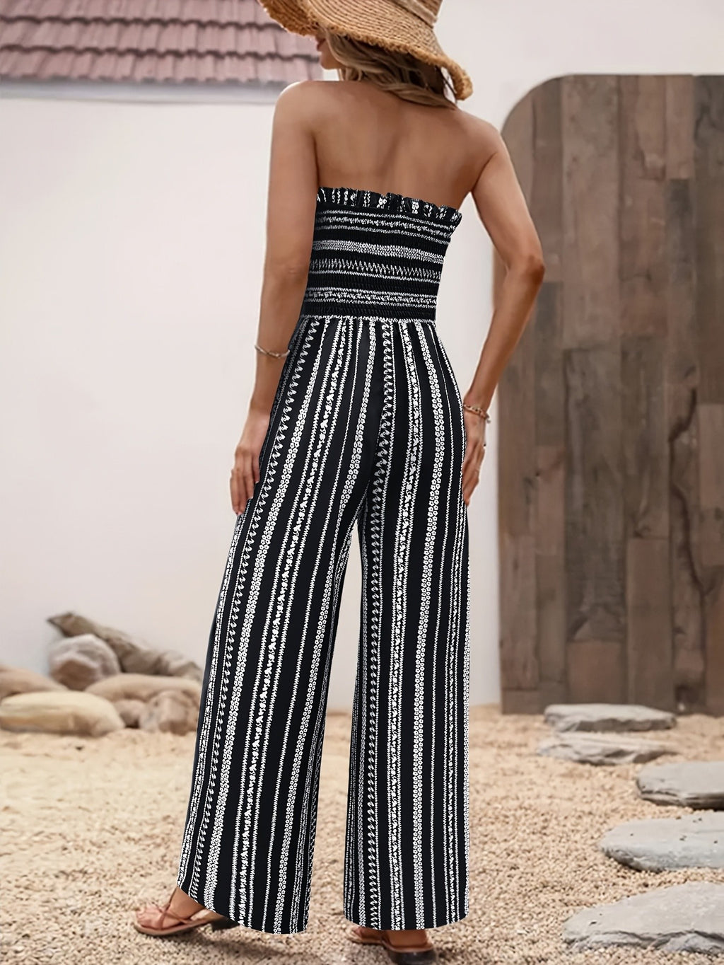 Strapless Striped Wide-Leg Jumpsuit Women Black White Smocked Tube Top Casual Loose Summer Vacation Romper S-XXL