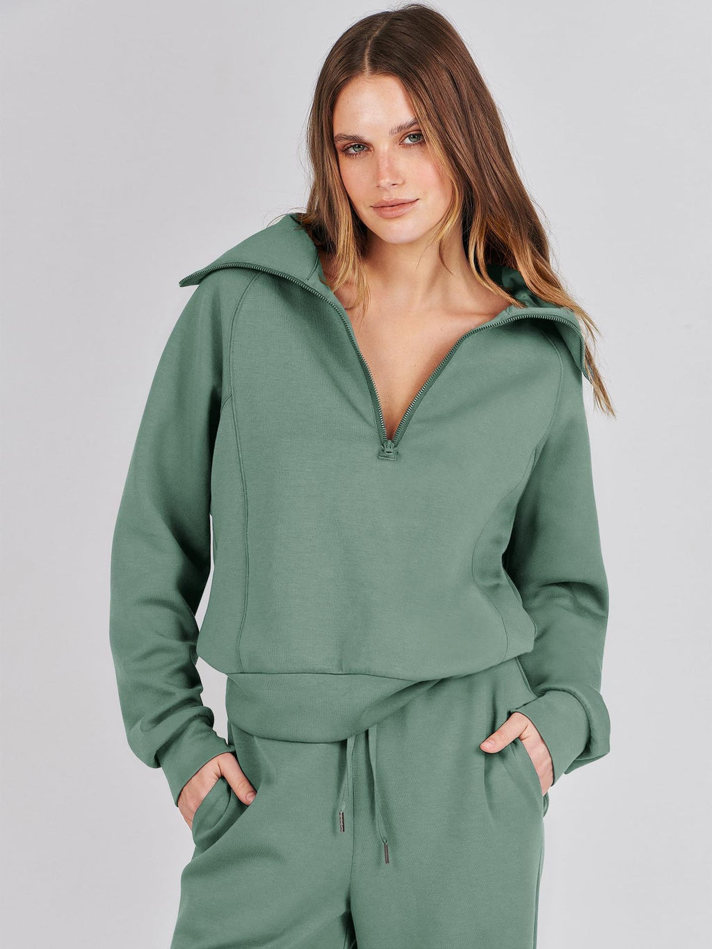 Zipper Sweatshirt Wide-Leg Pants 2 Piece Set Women Casual Tracksuit Outfit for Spring Fall - Loose Fit Jogger Co-ord Set