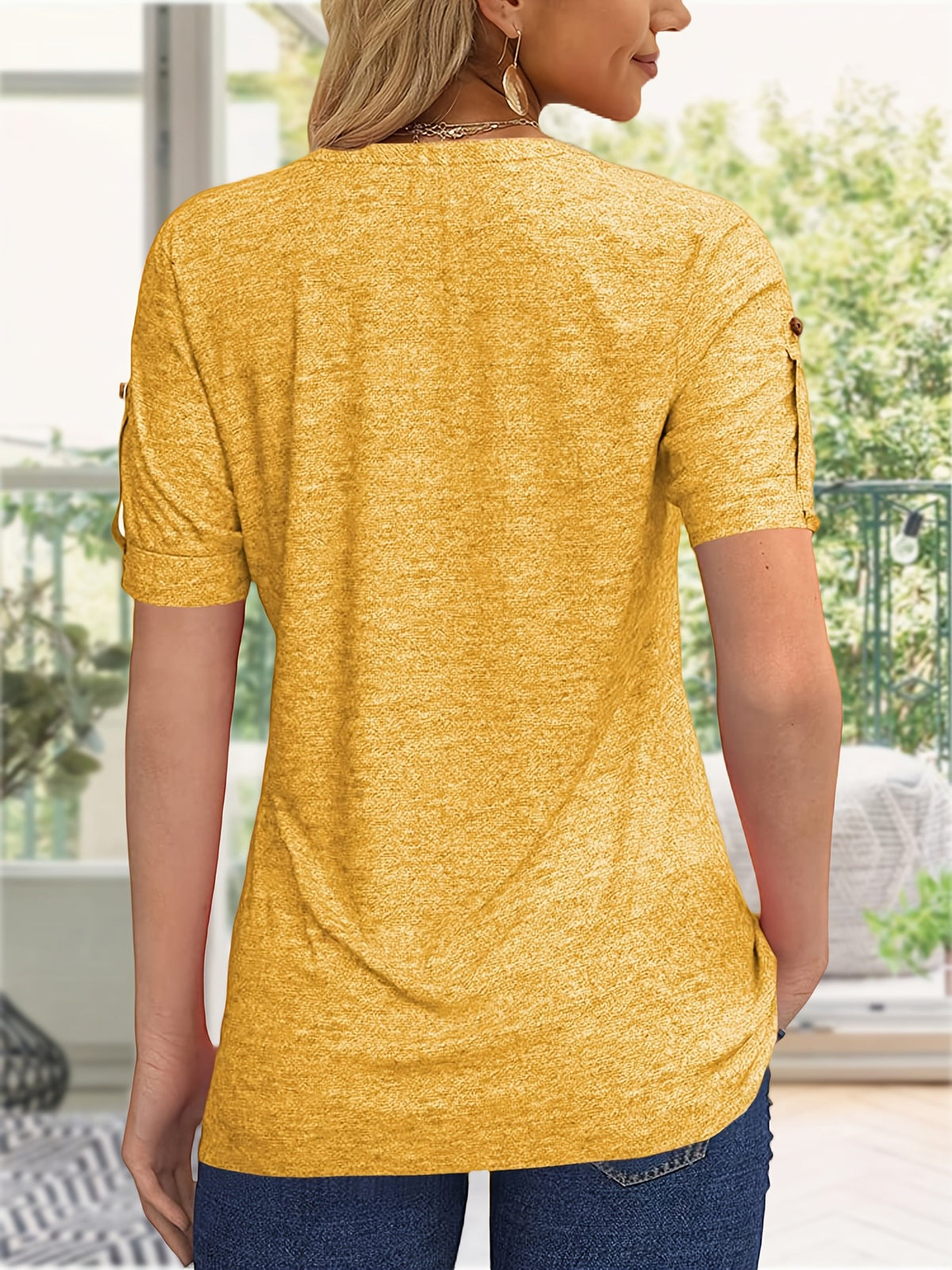 Button Front V-Neck Top Women Pleated Detail Short Sleeve Solid Color Casual Summer Blouse Lightweight Breathable Machine Washable
