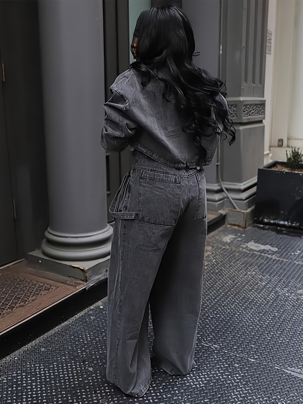 Denim 2-Piece Set Women Ruched Zip-Up Cropped Jean Jacket Wide Leg Pants Chic Matching Outfit Black Sky Blue S-XXL
