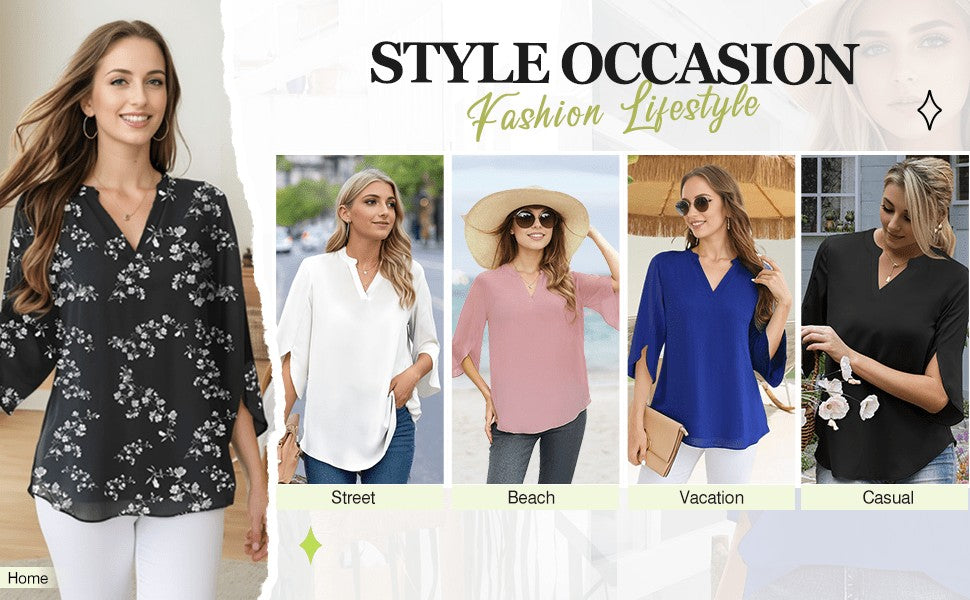 Chiffon Ruffle Blouse Women 3/4 Sleeve V-Neck Double Layer Loose Fit Casual Flowy Lightweight Top for Women