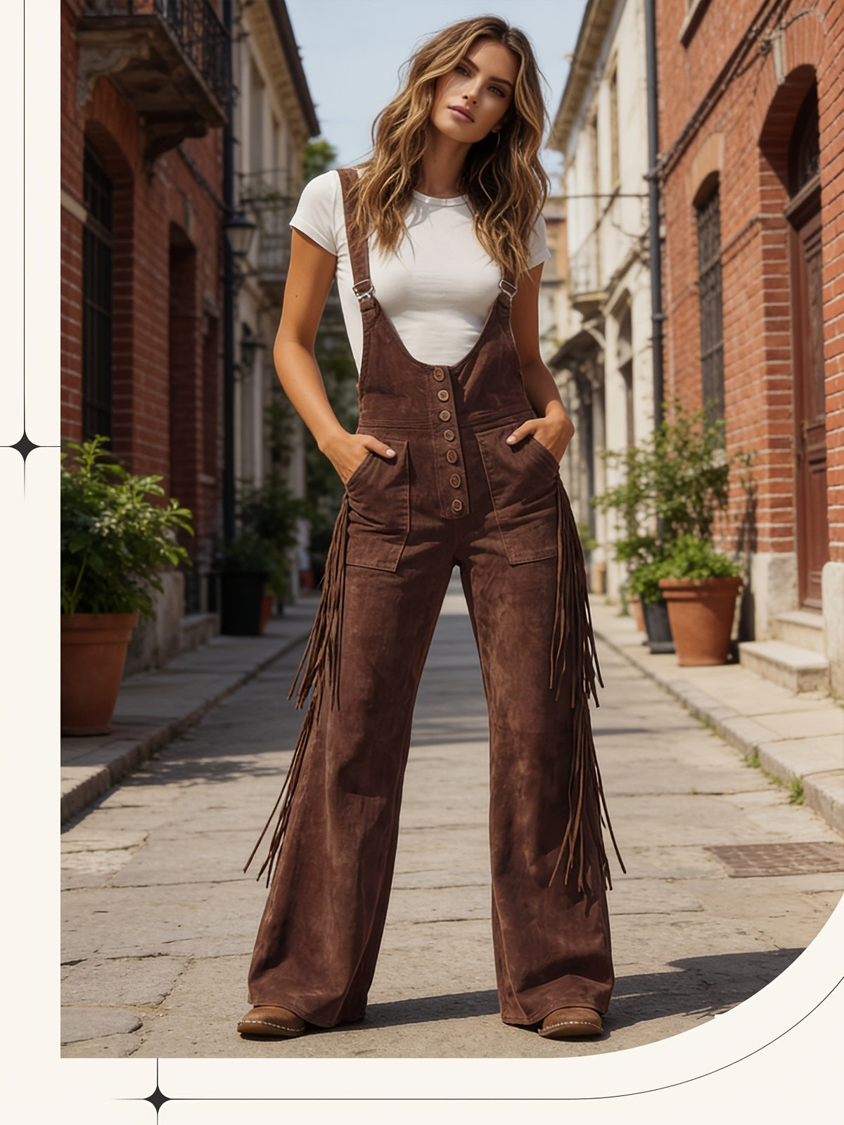 Vintage Fringe Overalls Women Wide Leg Loose Faux Suede Western Boho Festival Country Concert Halloween Costume Outfit