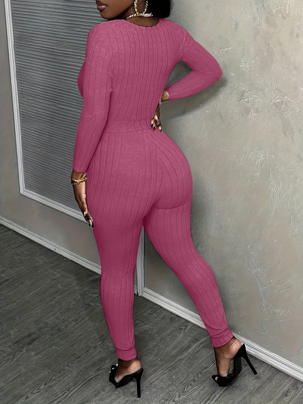 2 Piece Set Women Slim Fit Long Sleeve Top & High Waist Pants Stretchy Casual Fall Outfit Matching Set S-XXL