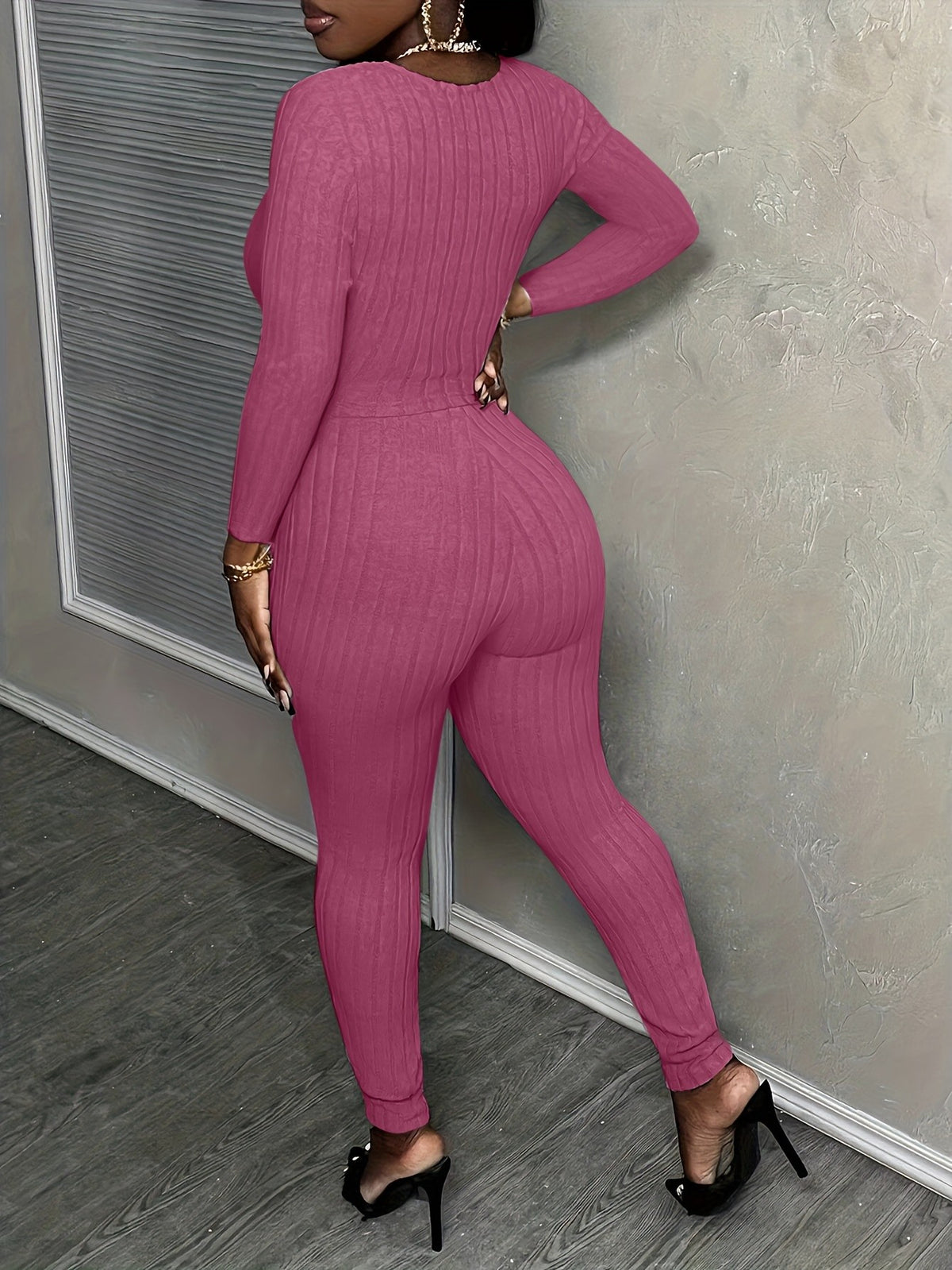 2 Piece Set Women Slim Fit Long Sleeve Top & High Waist Pants Stretchy Casual Fall Outfit Matching Set S-XXL