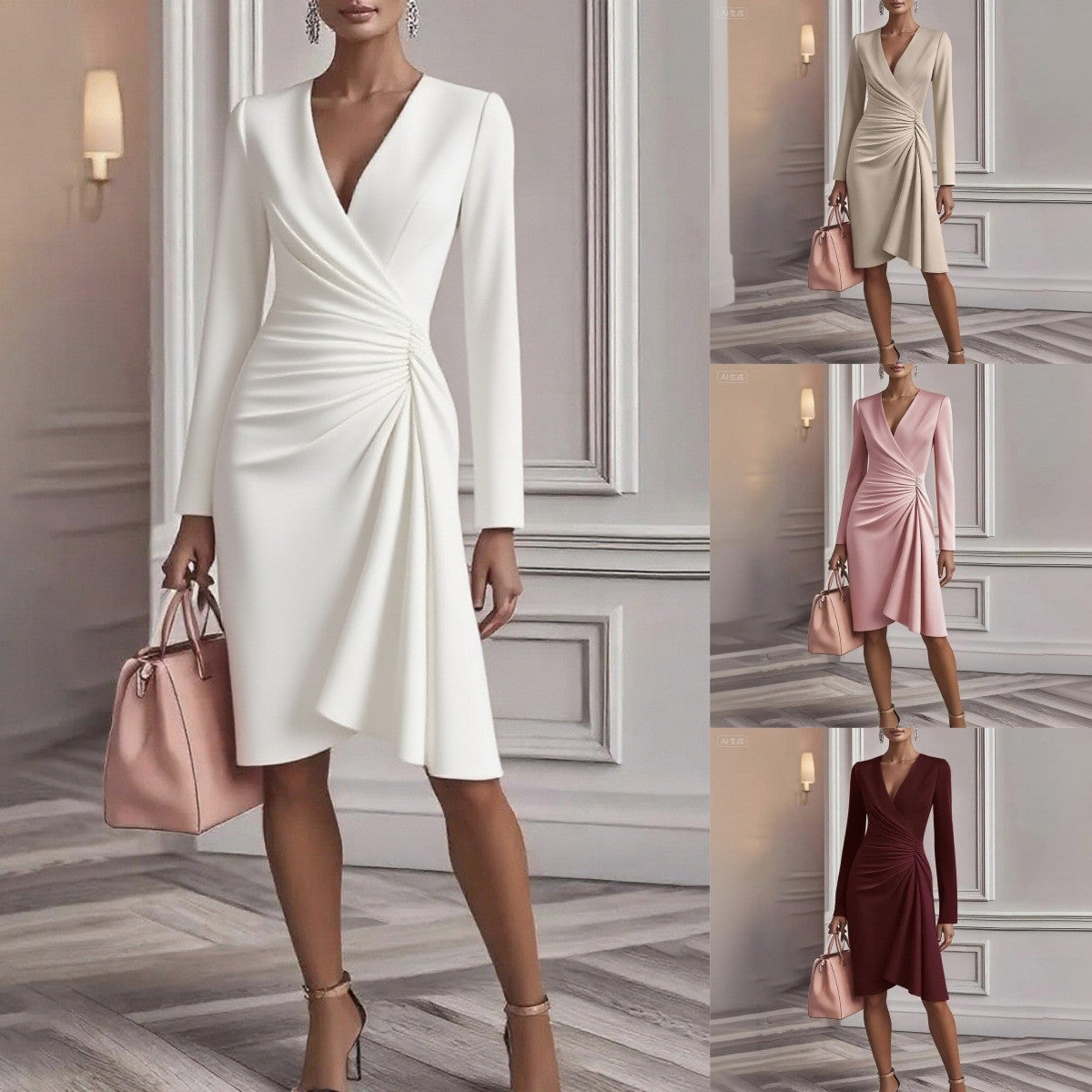 Pleated Waist V-Neck Slim Dress Women Long Sleeve Solid Color Waist-Cinching Elegant Work Party Daily Spring Fall Dress S-XXL
