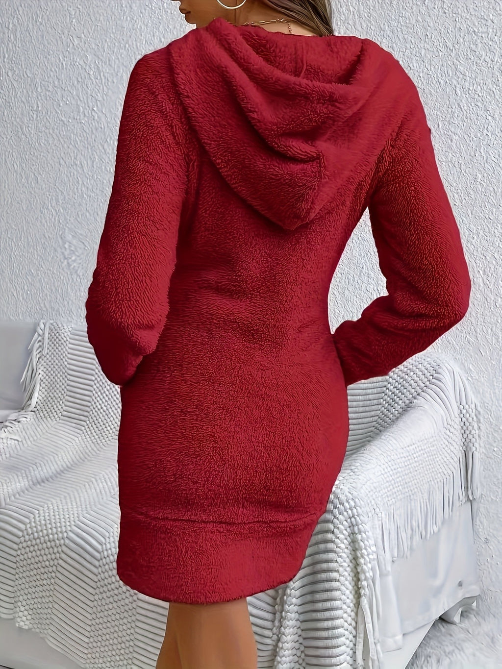 Hoodie Sweatshirt Dress Women Long Sleeve Pullover Casual Drawstring Pocket Knit Dress Ivory White Black Red Olive S-XXL