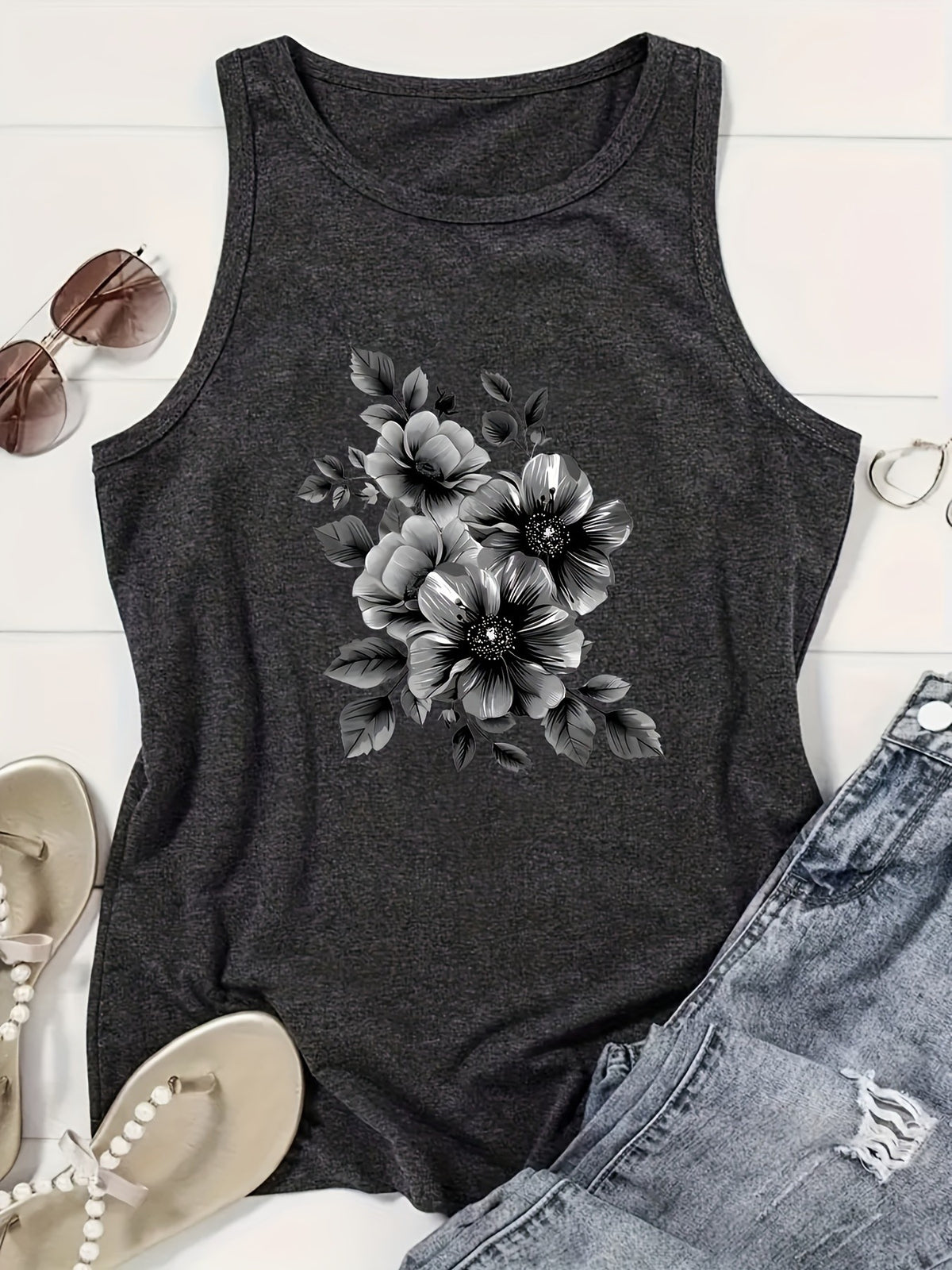 Print Tank Top Women Casual Crew Neck Sleeveless Summer Tee Graphic Top