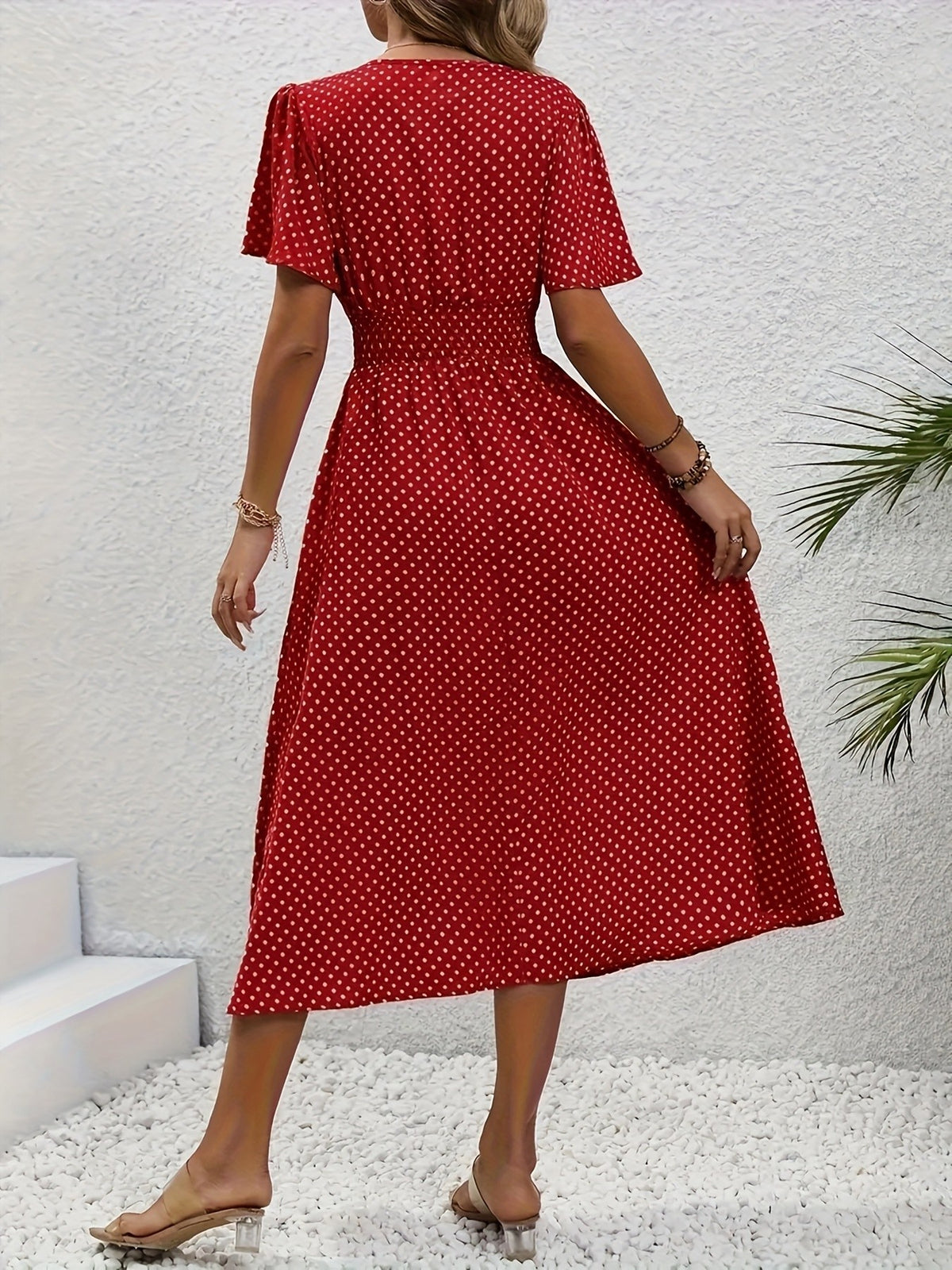 Polka Dot Swing Dress Women V-Neck Ruffled Sleeve Casual Long Dress Waist Enhancing Spring Summer Lightweight Pale Pink Gray Light Blue Green S-XXL