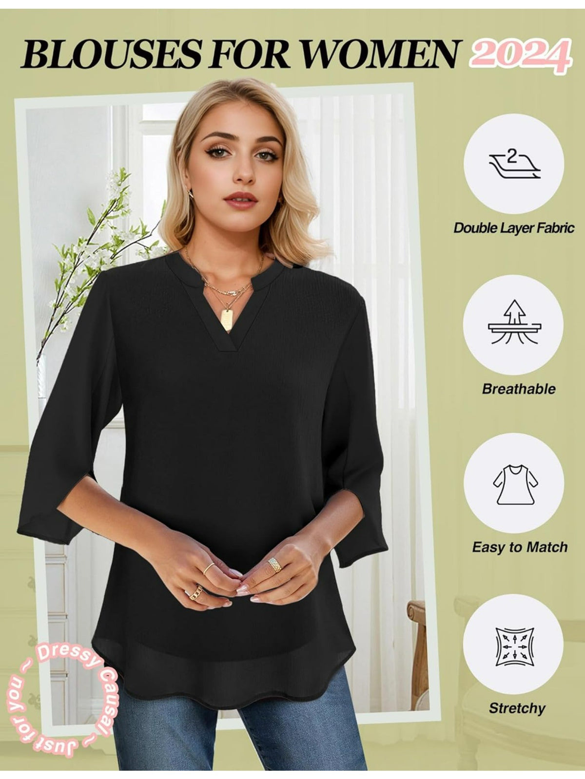 Chiffon Ruffle Blouse Women 3/4 Sleeve V-Neck Double Layer Loose Fit Casual Flowy Lightweight Top for Women