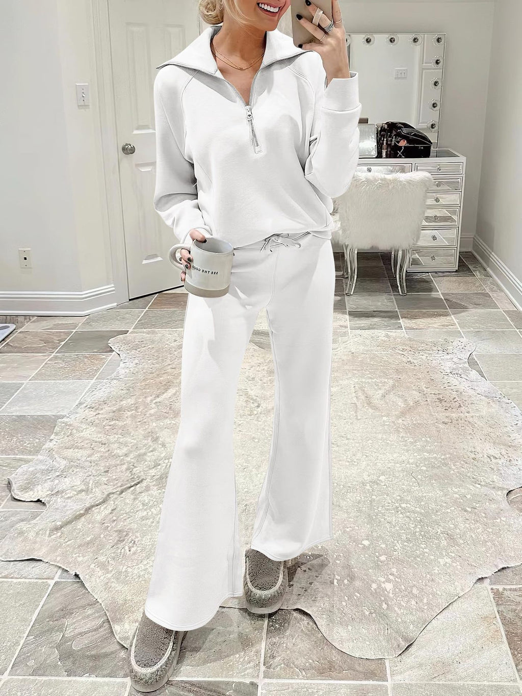 Zipper Sweatshirt Wide-Leg Pants 2 Piece Set Women Casual Tracksuit Outfit for Spring Fall - Loose Fit Jogger Co-ord Set