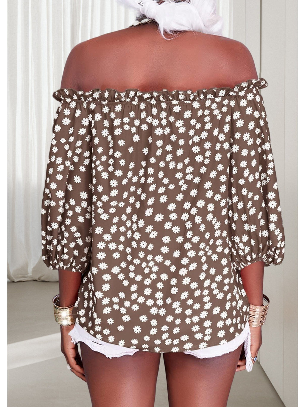 Floral Off Shoulder Chiffon Blouse Women 3/4 Sleeve Casual Summer Top Shirt 10 Colors S-XXL