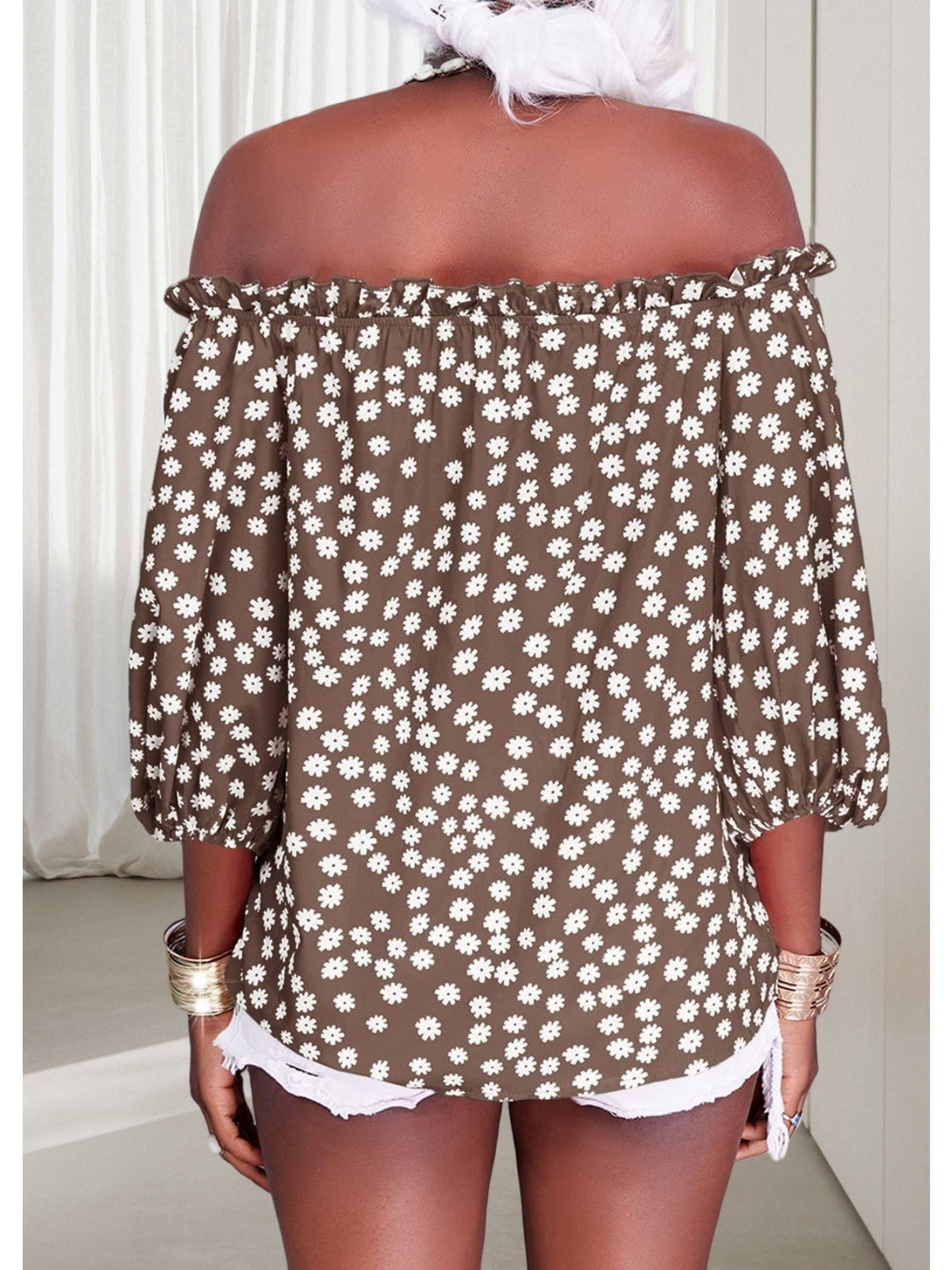 Floral Off Shoulder Chiffon Blouse Women 3/4 Sleeve Casual Summer Top Shirt 10 Colors S-XXL