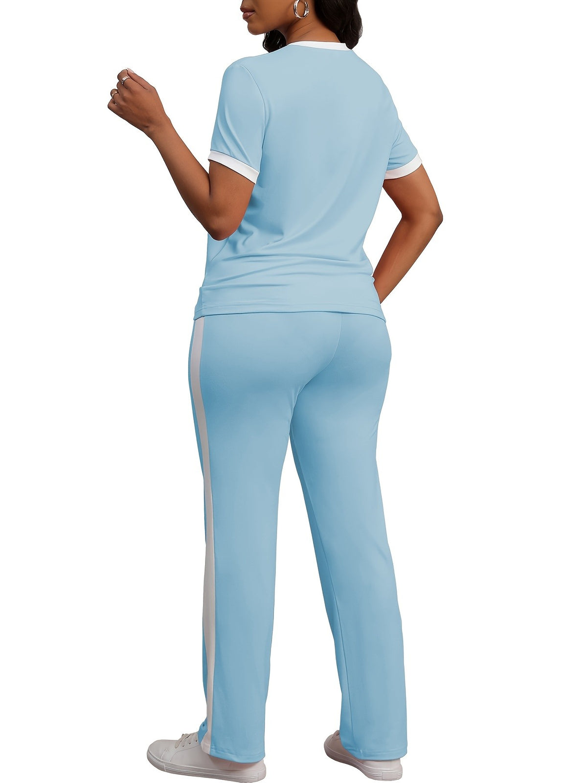 Women Colorblock 2 Piece Tracksuit Set Short Sleeve Crew Neck Top Striped Sweatpants Casual Lounge Jogger Matching Outfit for Workout Everyday Wear