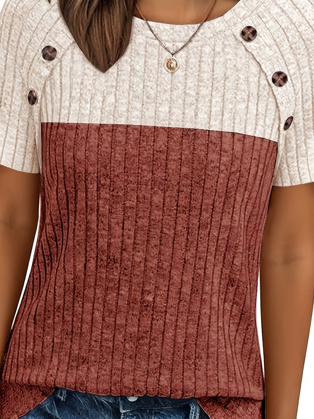 Two-Color Colorblock Pullover Top Women Round Neck Tie Button Short Sleeve Loose Casual Elegant Basic Shirt S-XXL