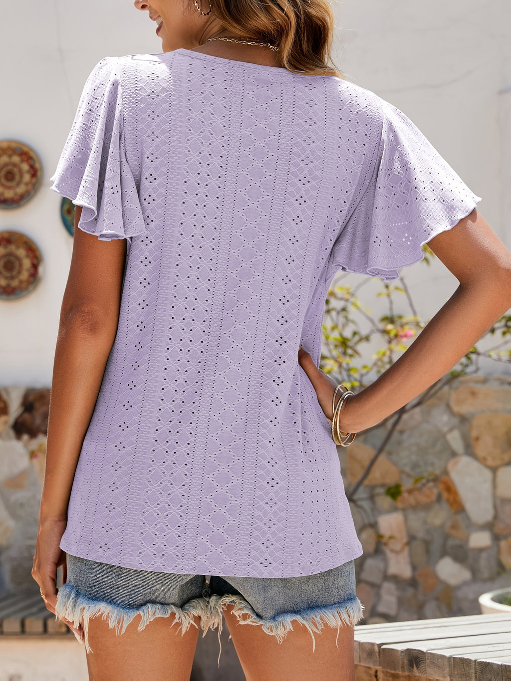 Ruffle Sleeve Hollow Out Blouse for Women | Lotus Leaf Sleeve Casual Top | Breathable Lace Trim Short Top | Chic Spring Summer Women's Shirt
