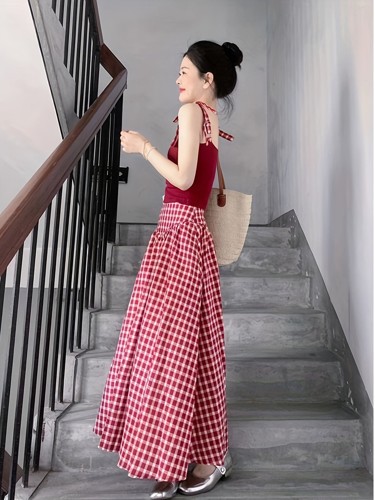 Plaid High Waist A-Line Midi Skirt for Women Checkered Woven Opaque Flowing Mid Length Skirt Spring Fall Casual Streetwear Blue White Black White S-XXL