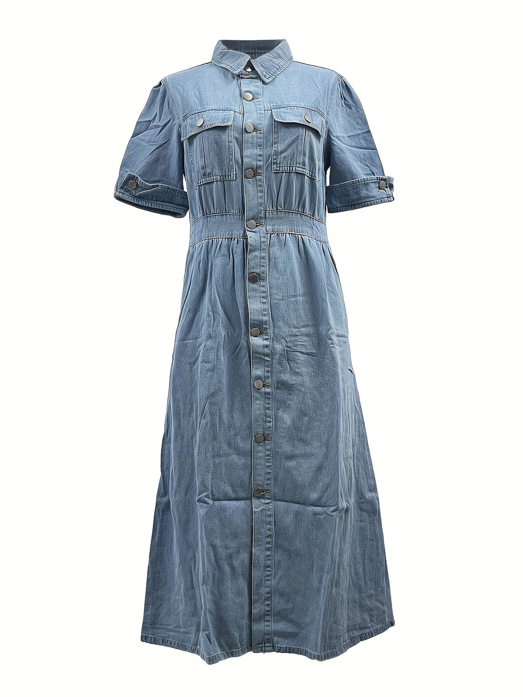 Women's A-Line Denim Jean Dress V-Neck Button Front with Pockets Casual Waist Fitted Shirt Dress Blue Dark Blue Medium Blue S-XXL