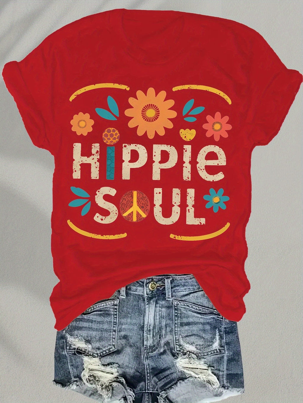 Hippie Soul Boho Graphic Tee Women Vintage Floral Print Festival Casual Comfortable Blend T-Shirt 5 Colors S-XXL