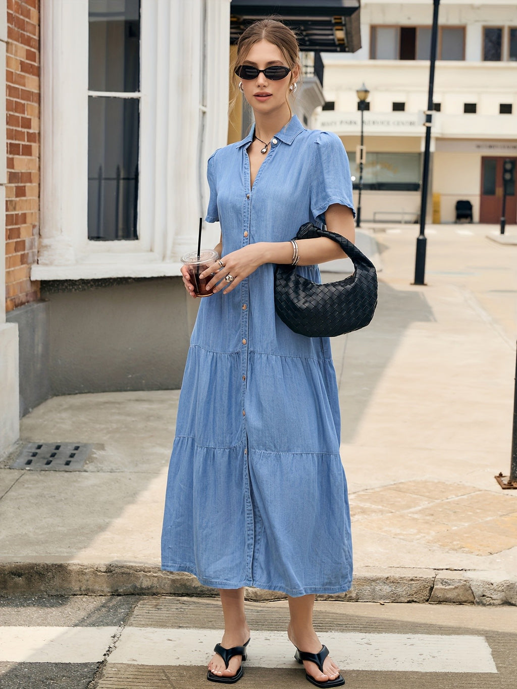 Lyocell Tiered Ruffle Hem Denim Dress Women V-Neck Short Sleeve Maxi Floor-Length Light Blue Casual Vacation All-Season Regular Fit