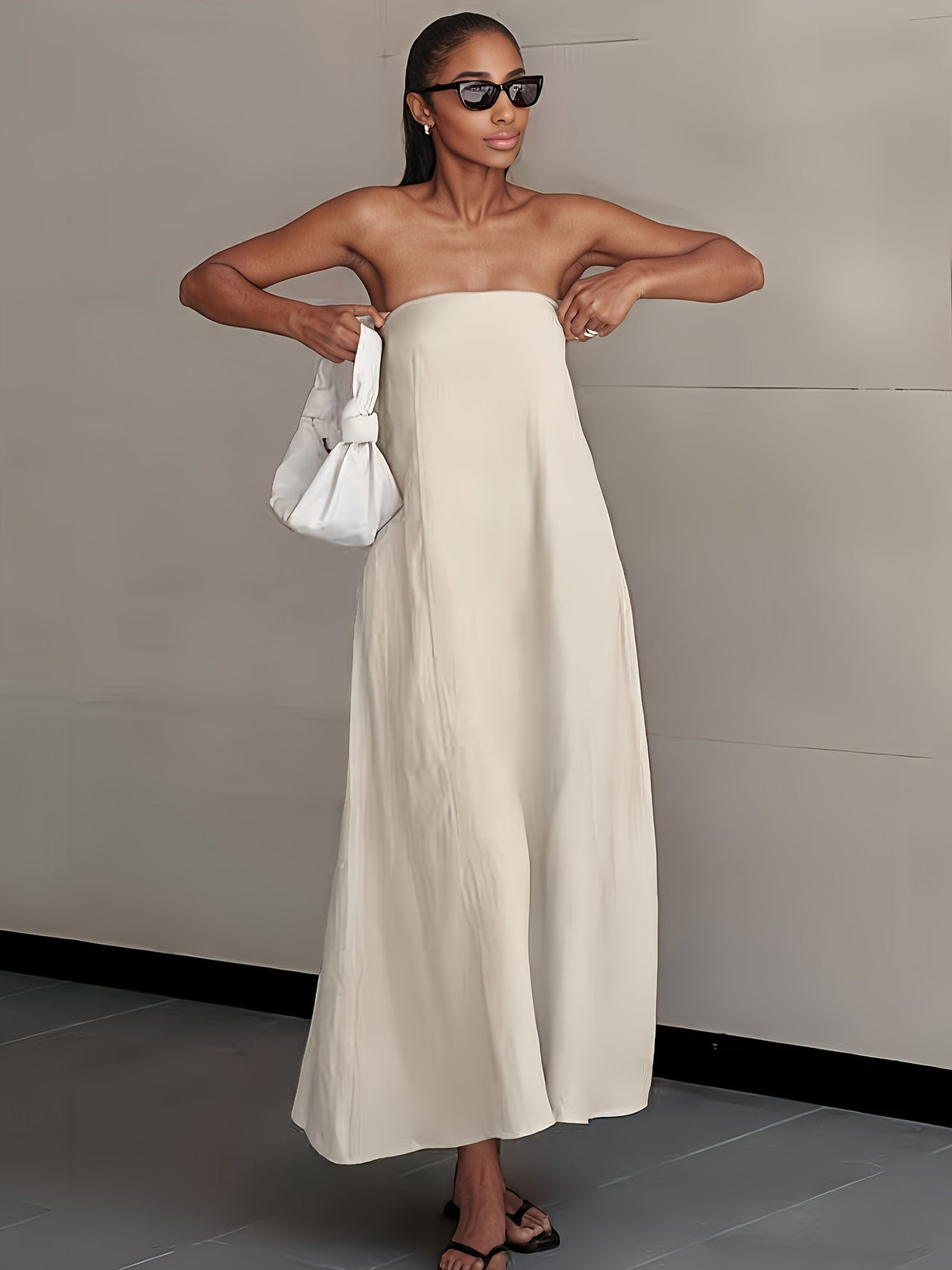 Linen Strapless Backless Long Dress for Women High Waist Patchwork Pocket Solid Color Lightweight Casual Vacation Maxi Dress Spring Summer